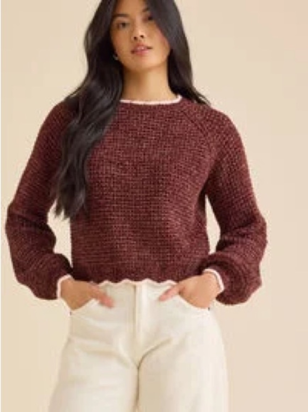 Altar'd State Maroon Cropped Crewneck Sweater with Contrast Trim